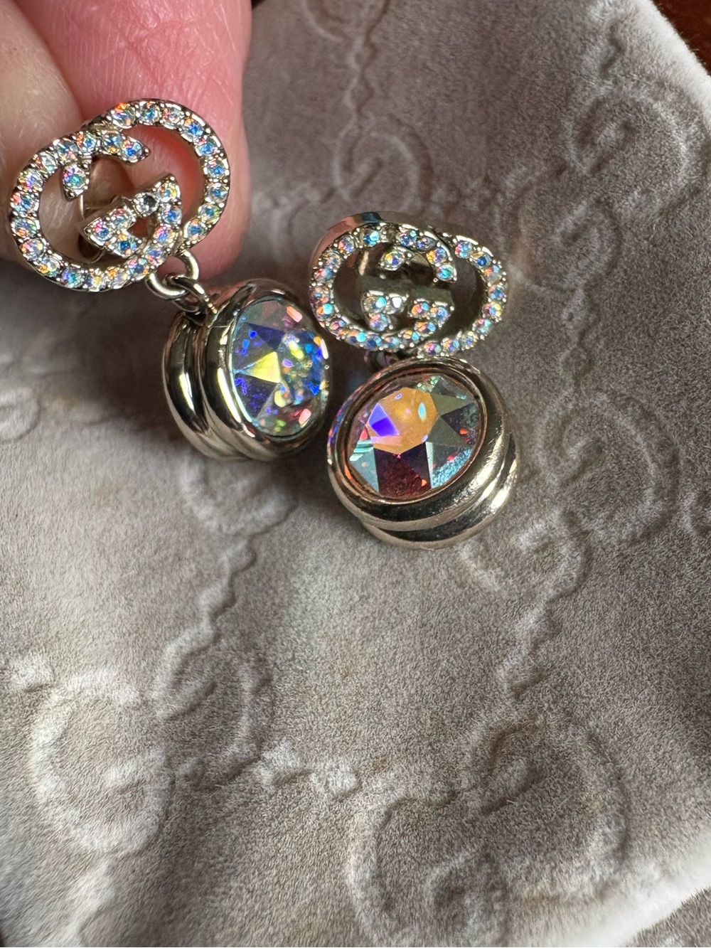 Gucci Swavorski Crystal Drop GG Dangle Earrings - Silver with Aurora Crystals